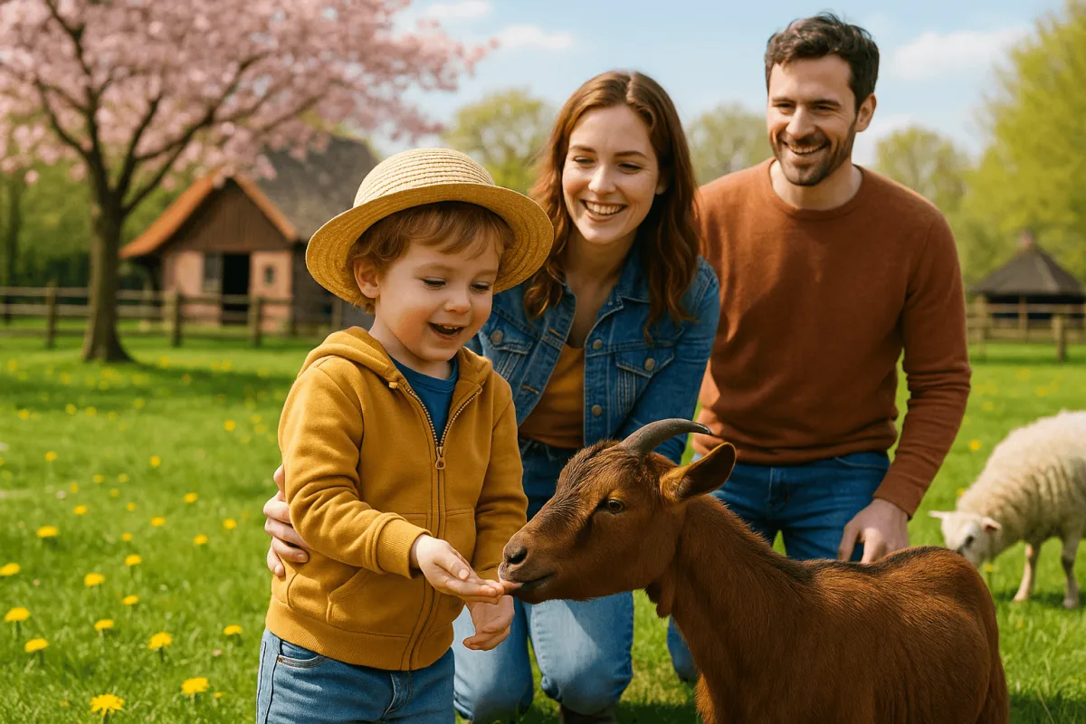gezin met kleuter op kinderboerderij meivakantie lente Nederland
