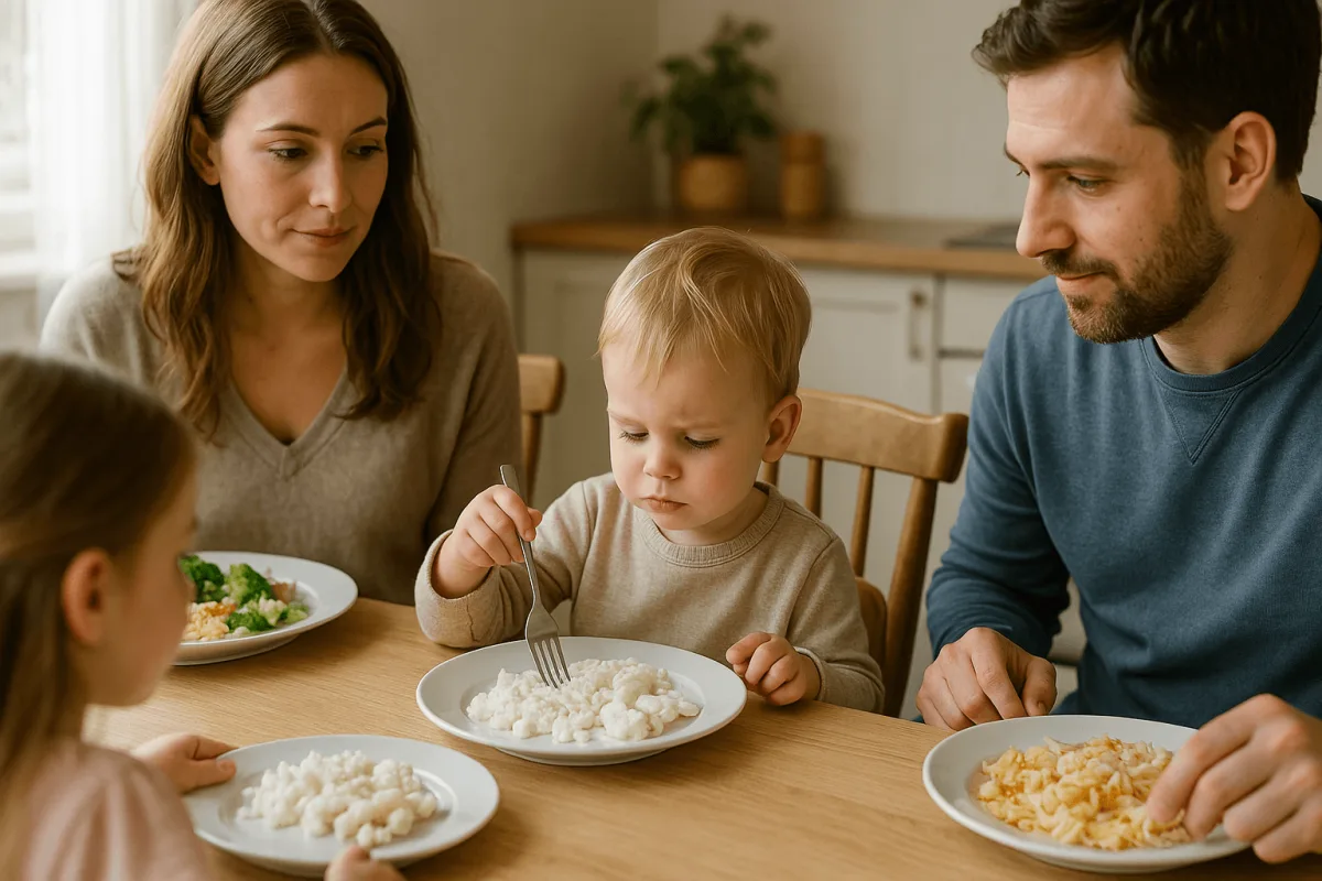 gezin tafel samen eten ontspannen sfeer peuter bord