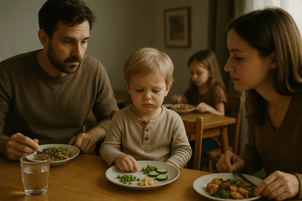 gezin aan tafel samen eten, rustige sfeer peuter