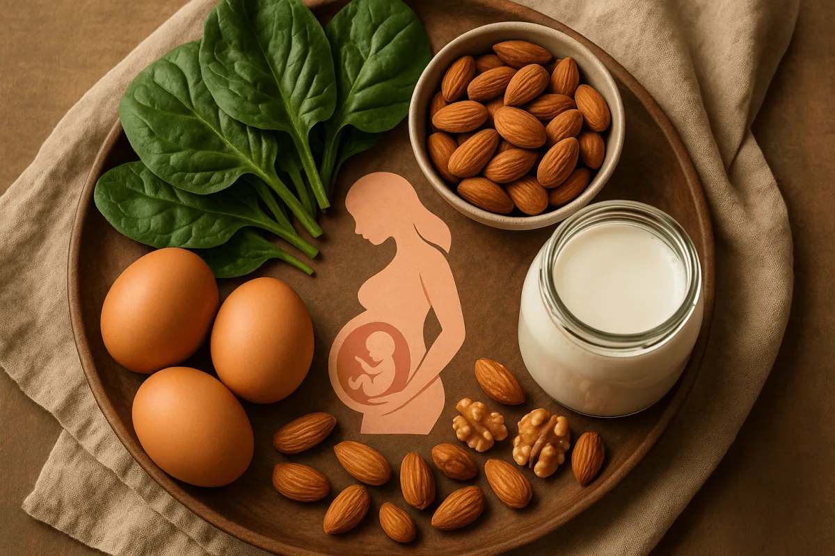 gezonde voedingsmiddelen zwangerschap tweede trimester spinazie eieren zuivel noten