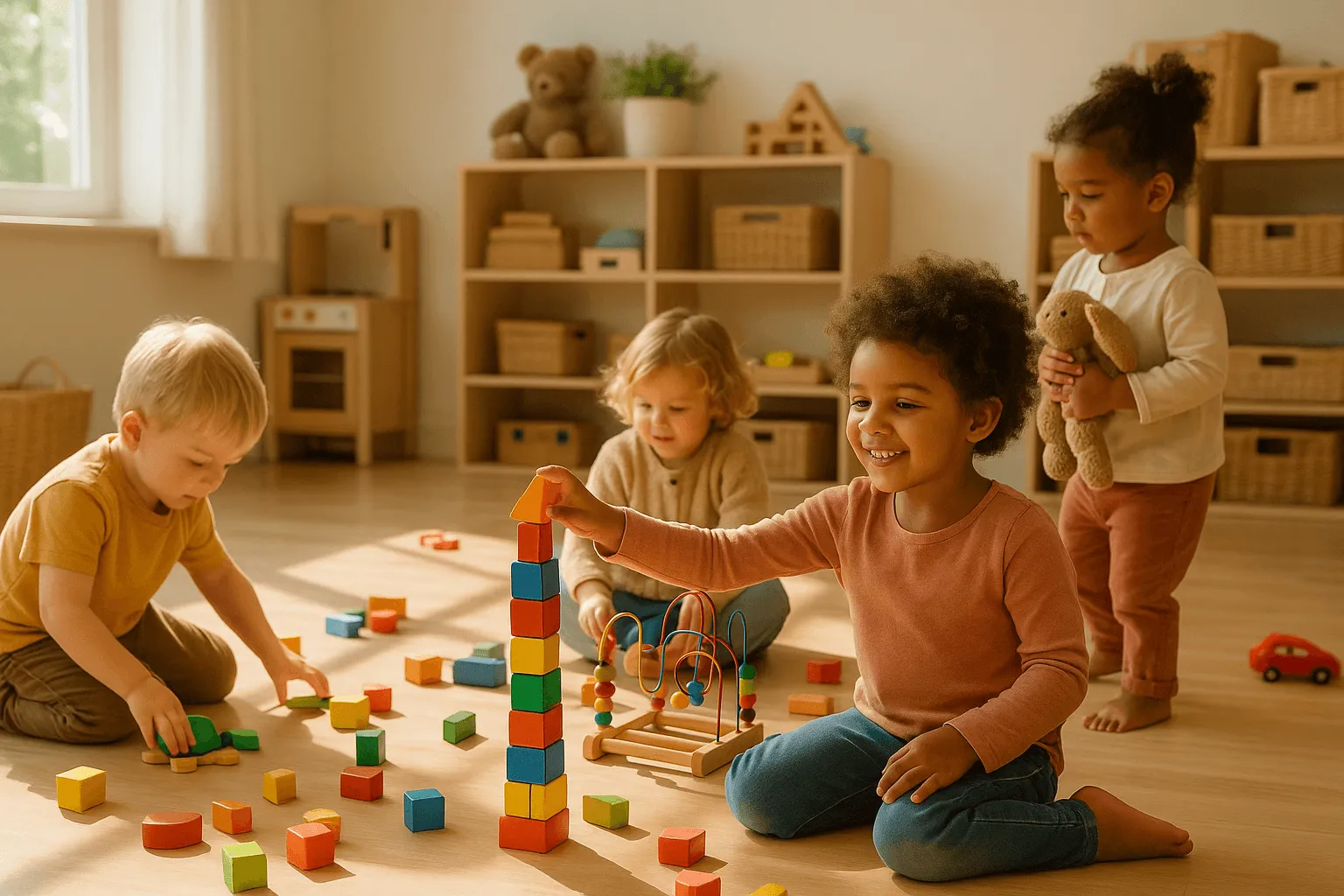 groep kinderen die spelen in lichte speelruimte kinderdagverblijf