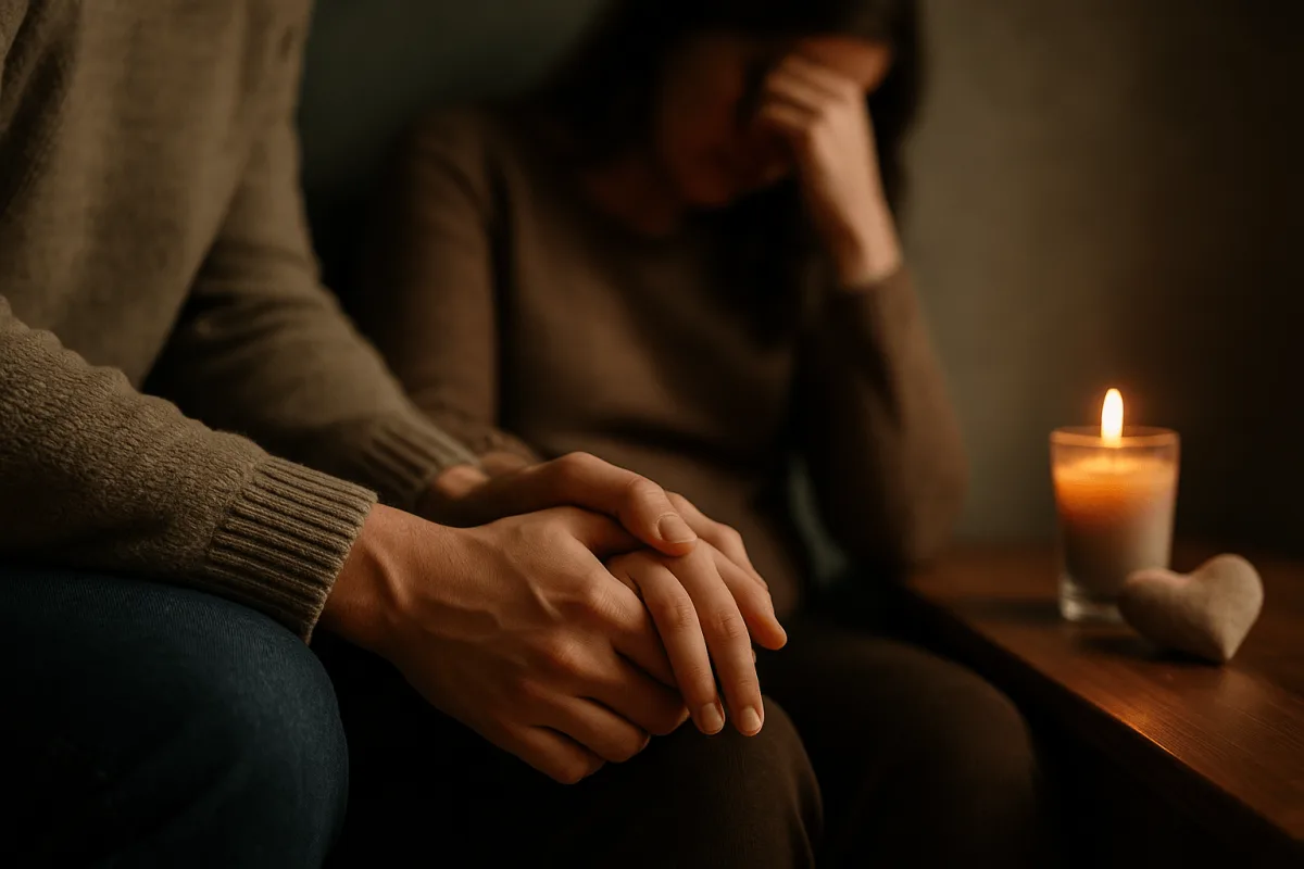 handen van twee partners die elkaar vasthouden na verlies zwangerschap