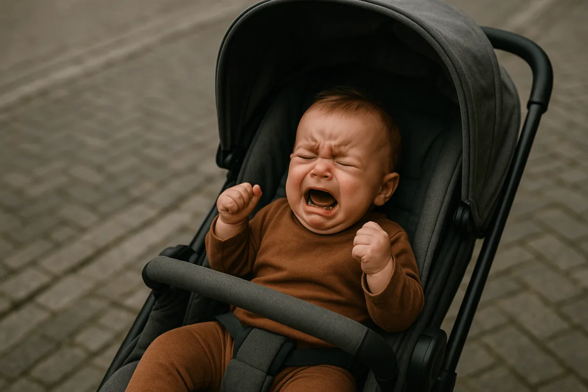 huilende baby in kinderwagen op straat, onrustig