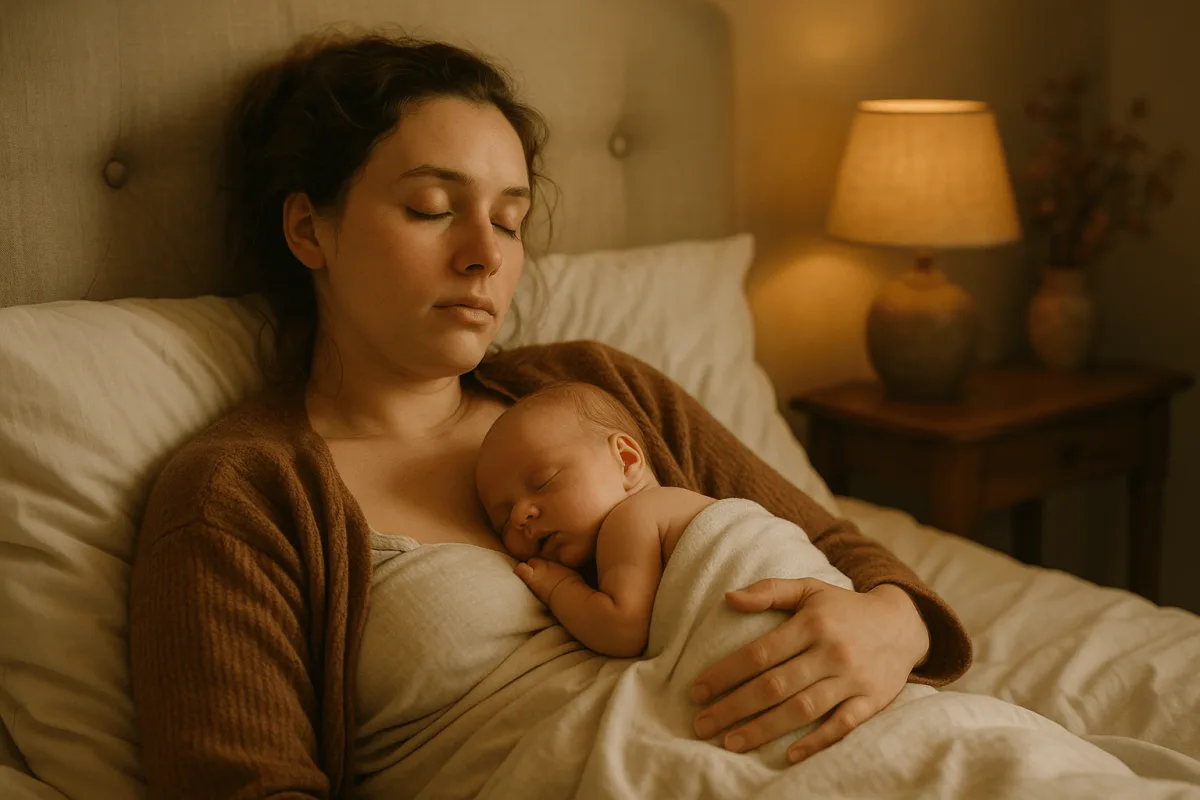 jonge moeder rust uit in bed met pasgeboren baby op borst