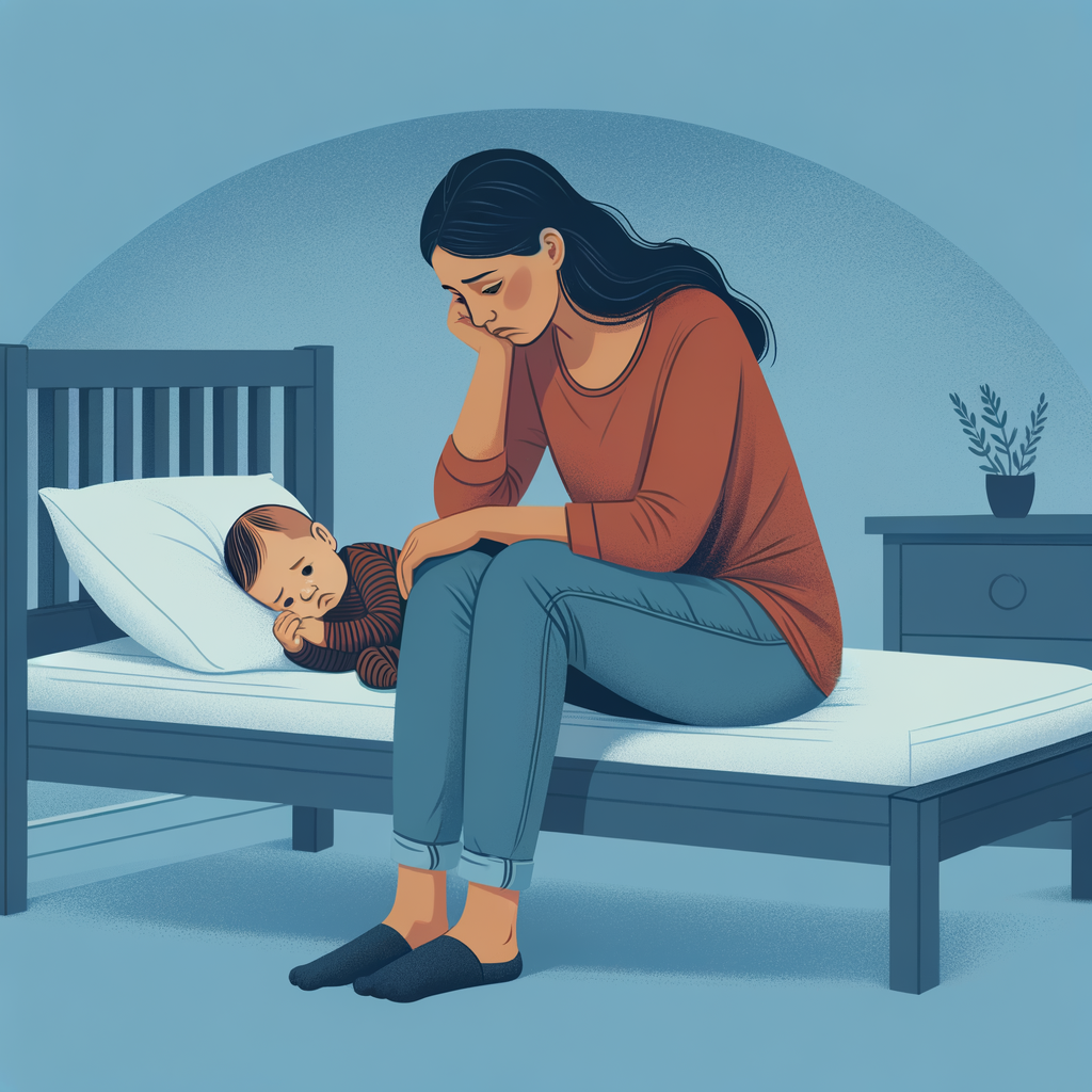 jonge moeder zit verdrietig op bed met baby naast haar