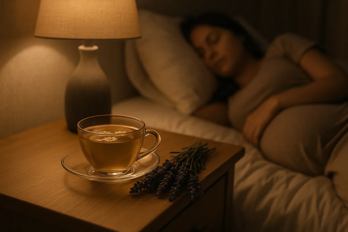 kamillethee en lavendel op nachtkastje slaapkamer rustige sfeer