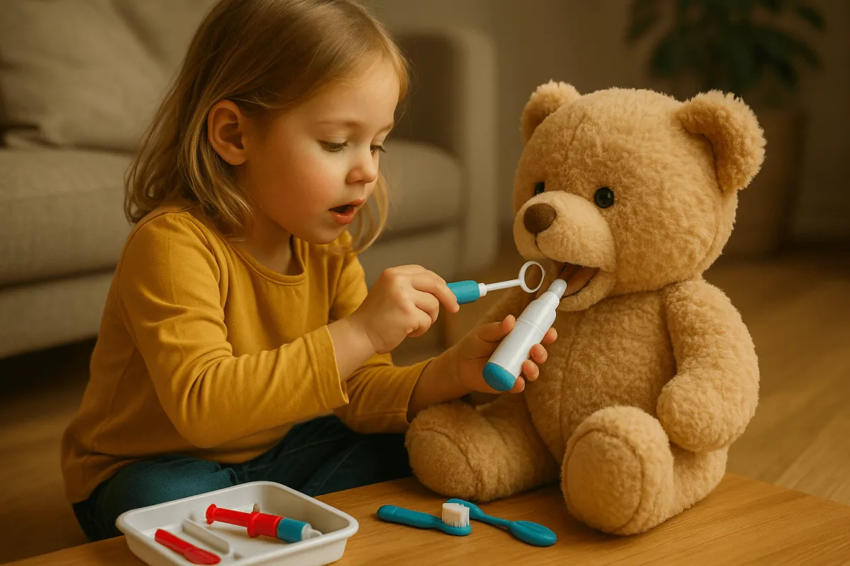 kind tandarts voorbereiding thuis spelen met knuffelbeer en tandartssetje