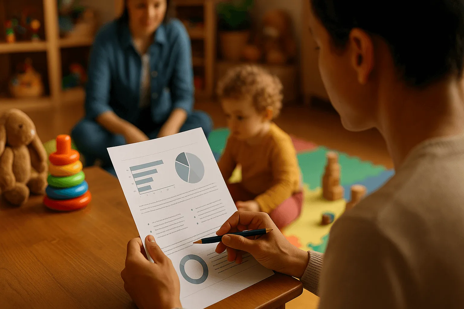 kinderdagverblijf kiezen ouder bestudeert inspectierapport aan tafel
