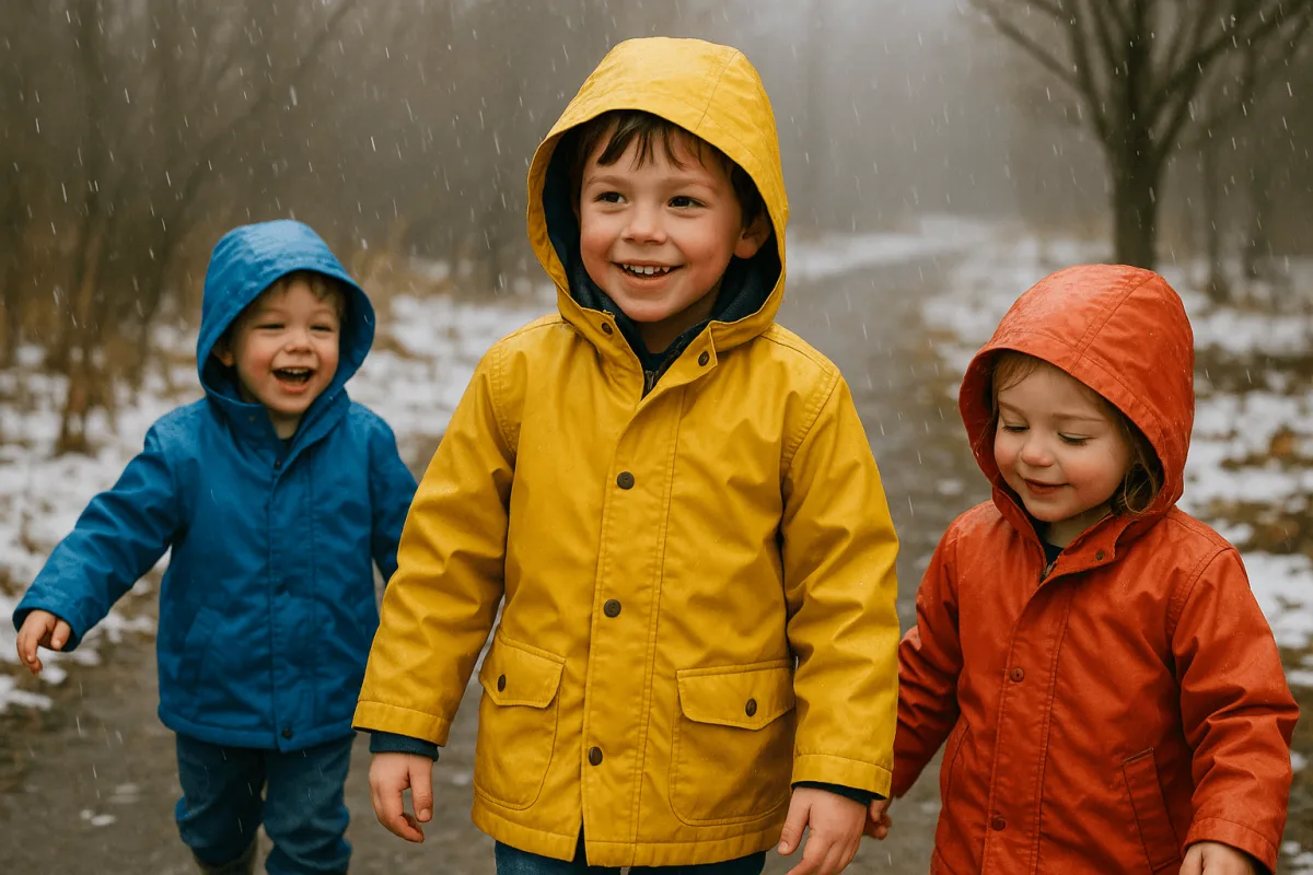 kinderen spelen buiten in de winter met regenjassen