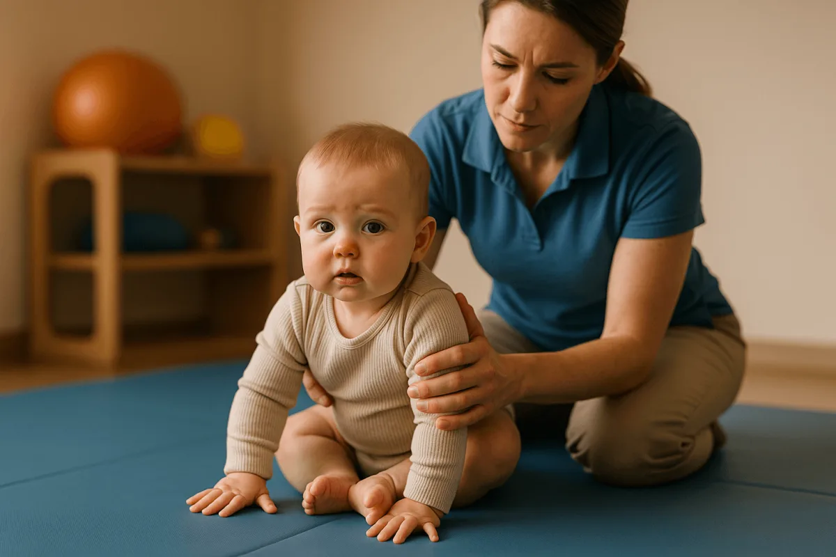 kinderfysiotherapeut begeleidt baby tijdens motorische oefening mat