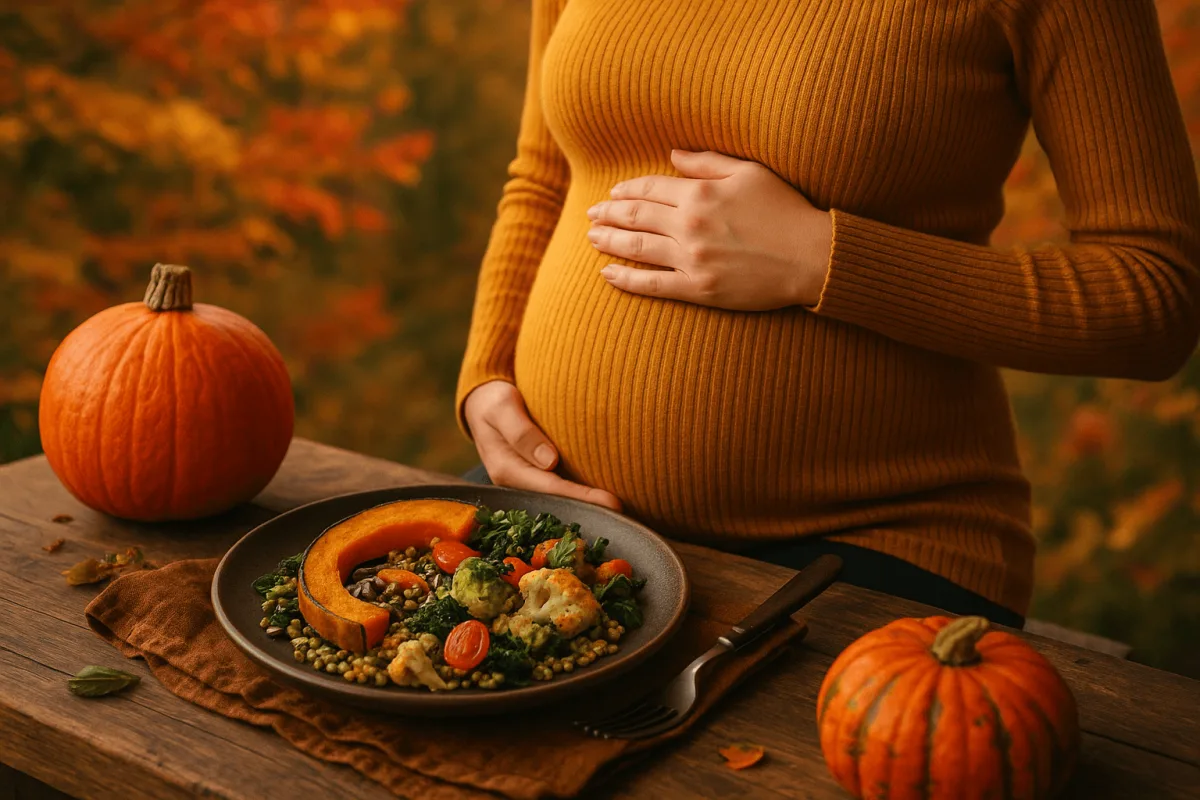 kleurrijke herfstmaaltijd met pompen en groenten voor zwangere vrouwen