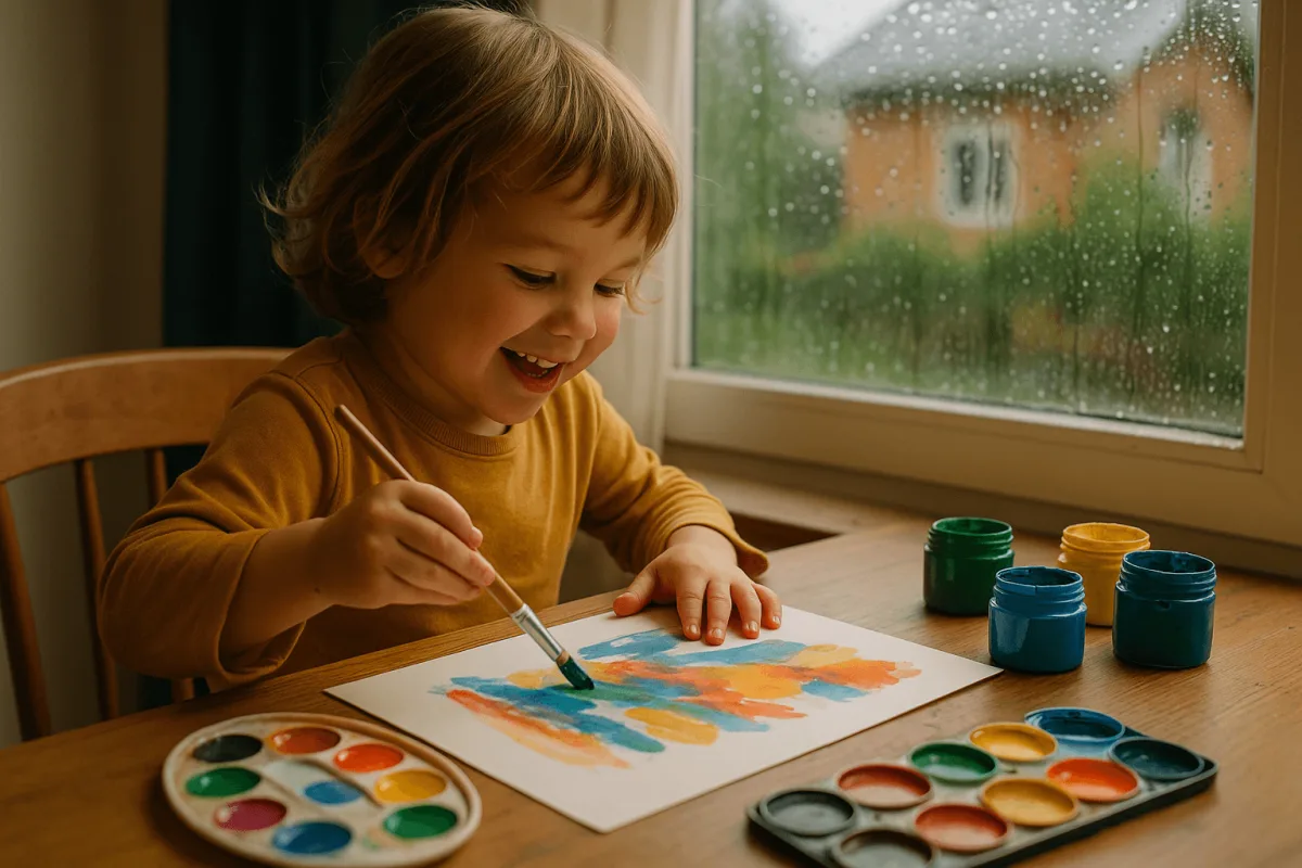 kleuter knutselt binnen aan tafel met verf en papier regen