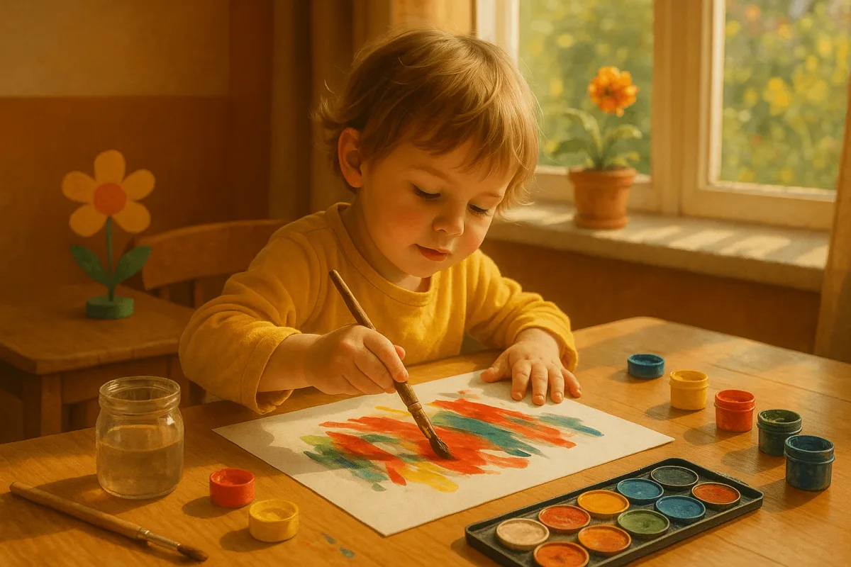 kleuter knutselt binnen aan tafel met verf en papier meivakantie