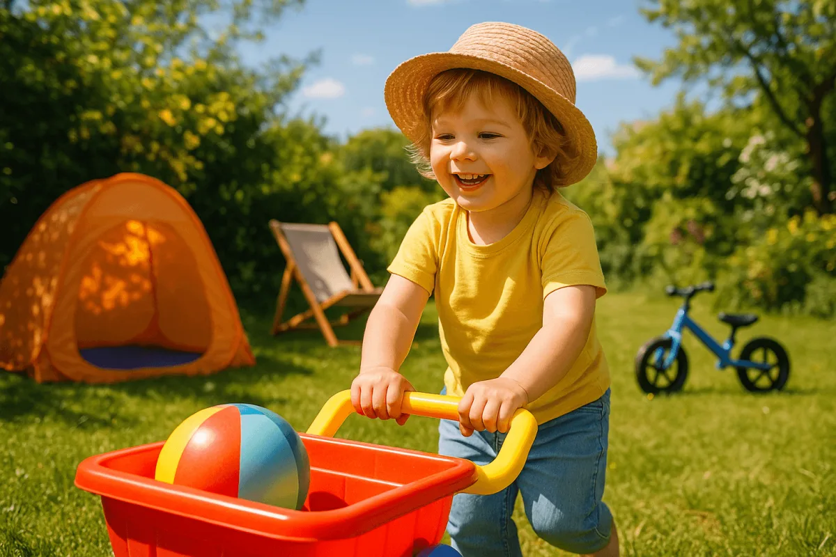 kleuter speelt buiten in de tuin tijdens meivakantie, zonnig