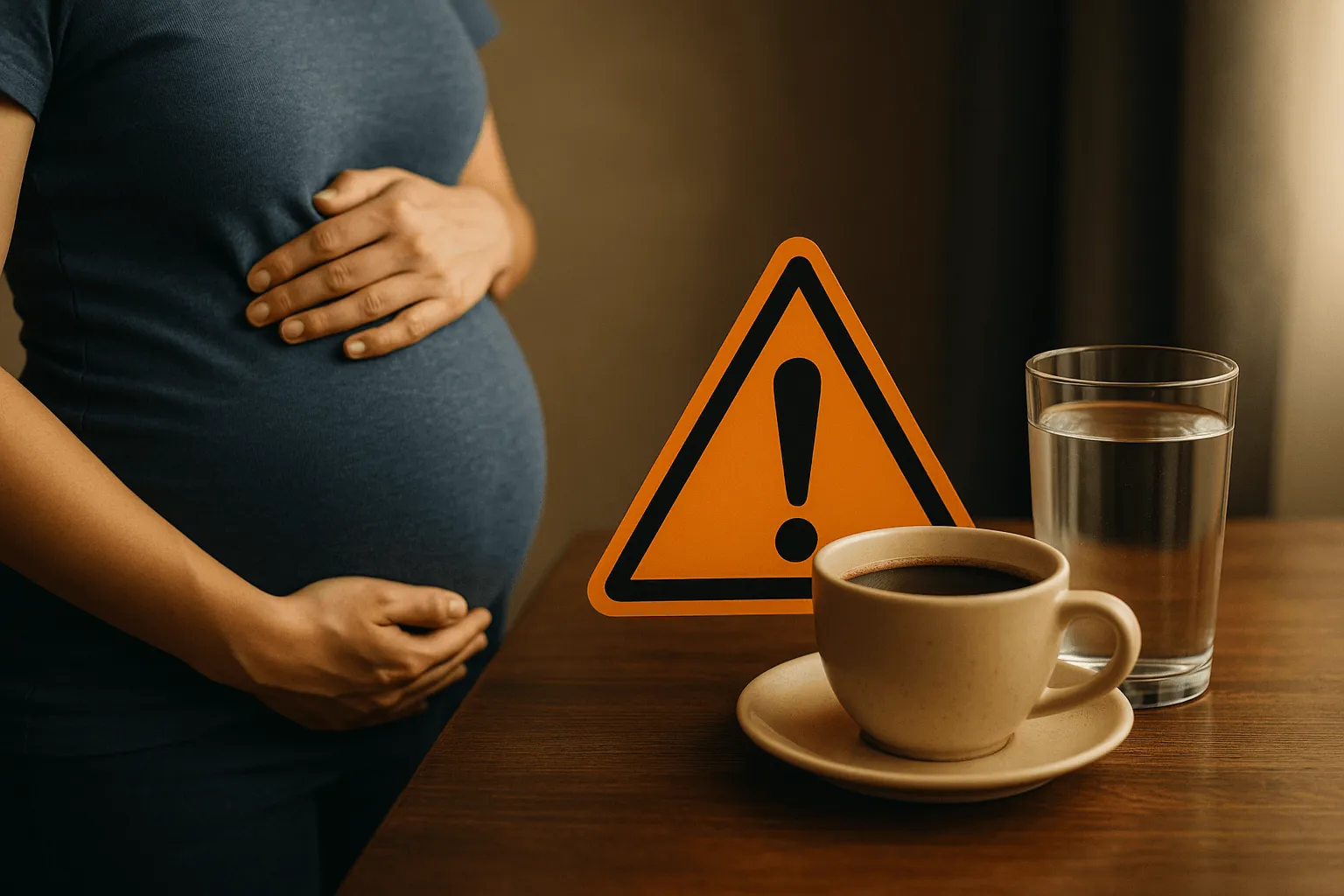 kopje koffie naast glas water, cafeïne beperken zwangerschap