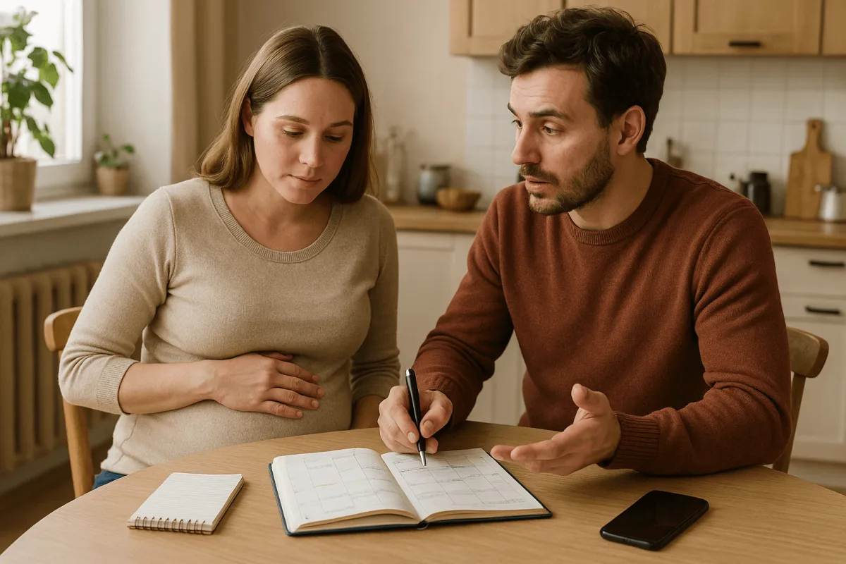 koppel bespreekt verlofplanning samen thuis aan keukentafel met notitieboek