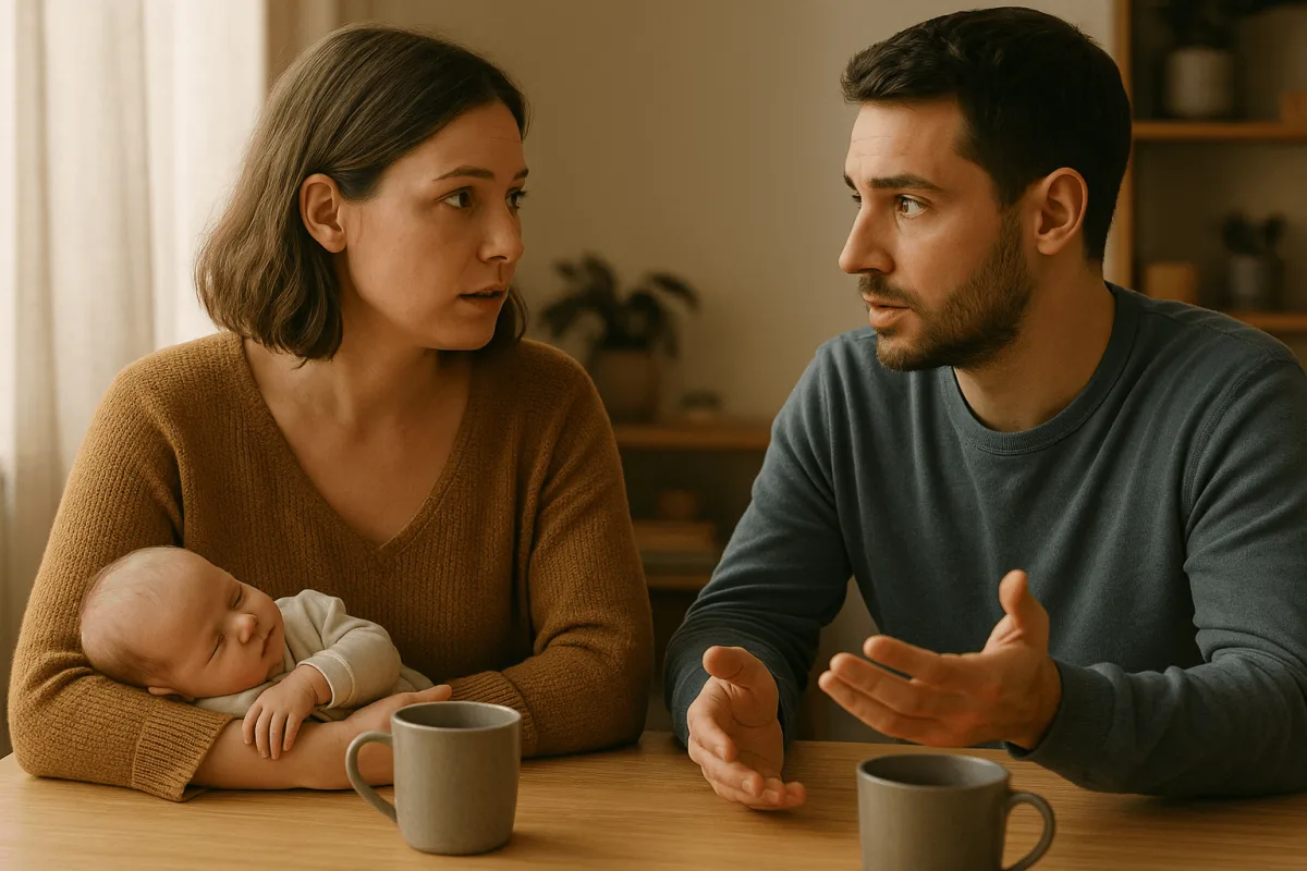 koppel praat rustig samen aan tafel over taakverdeling baby