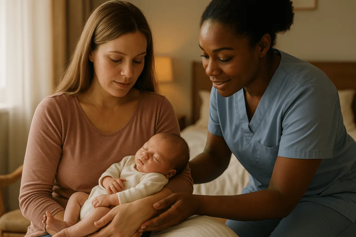 kraamverzorgende helpt moeder met pasgeboren baby thuis