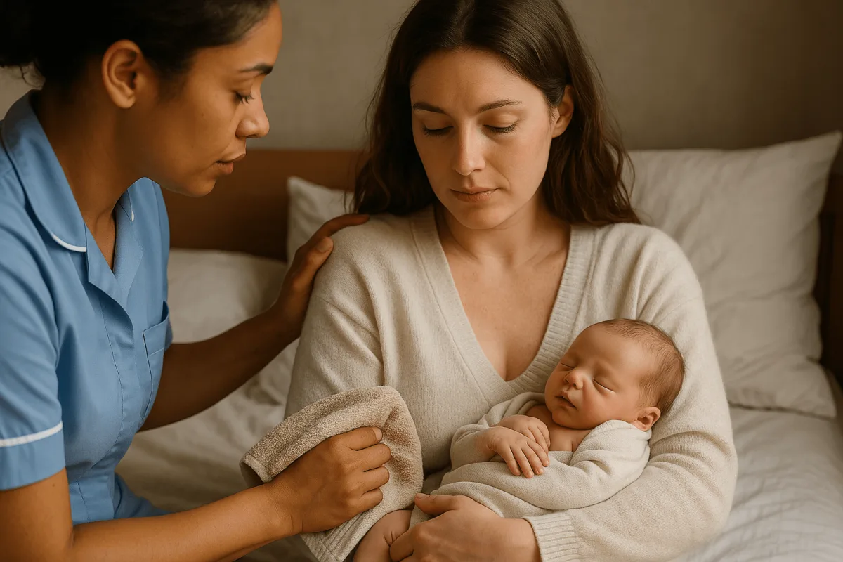 kraamverzorgende helpt moeder met pasgeboren baby tijdens kraamtijd