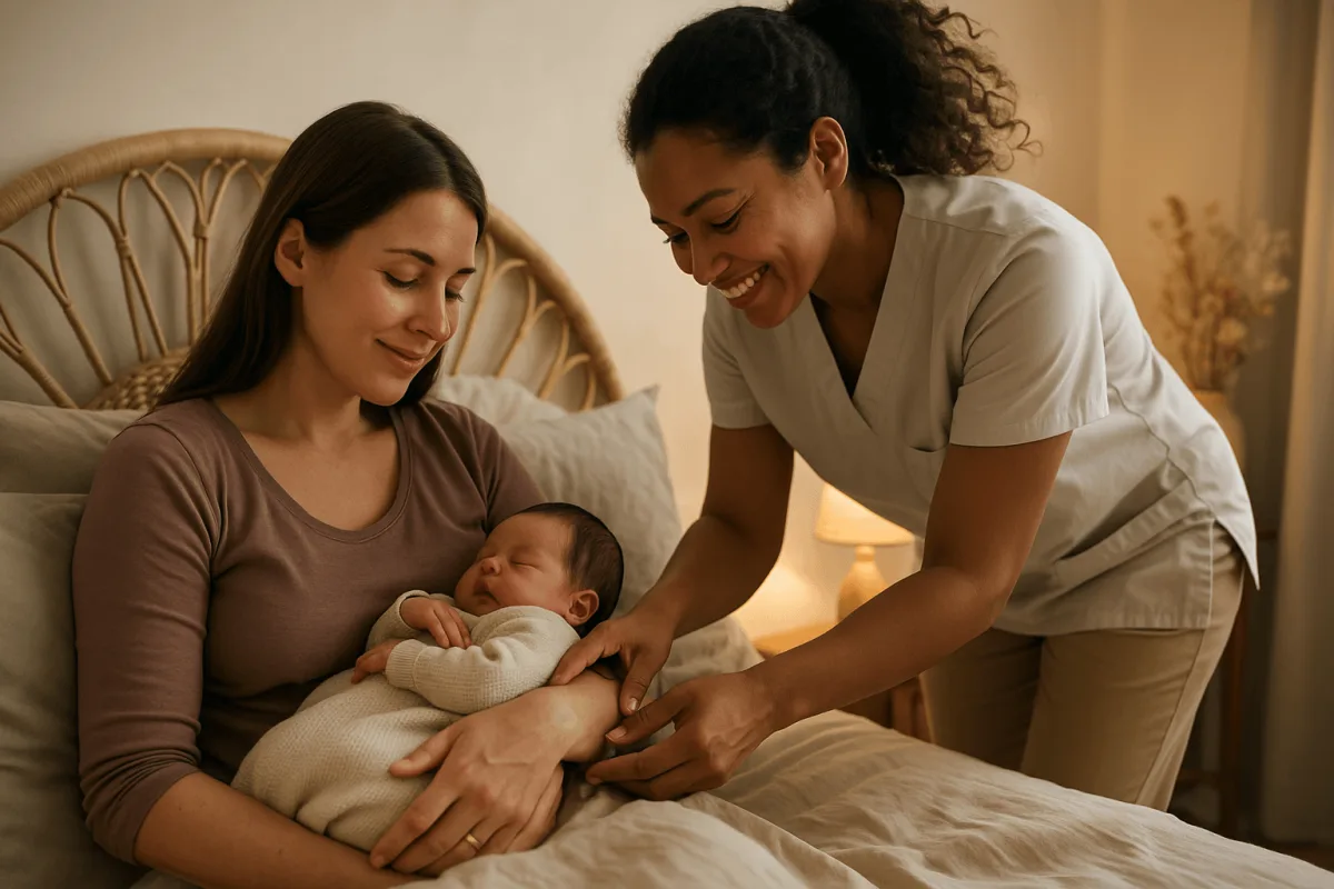 kraamverzorgende helpt moeder met pasgeboren baby thuis