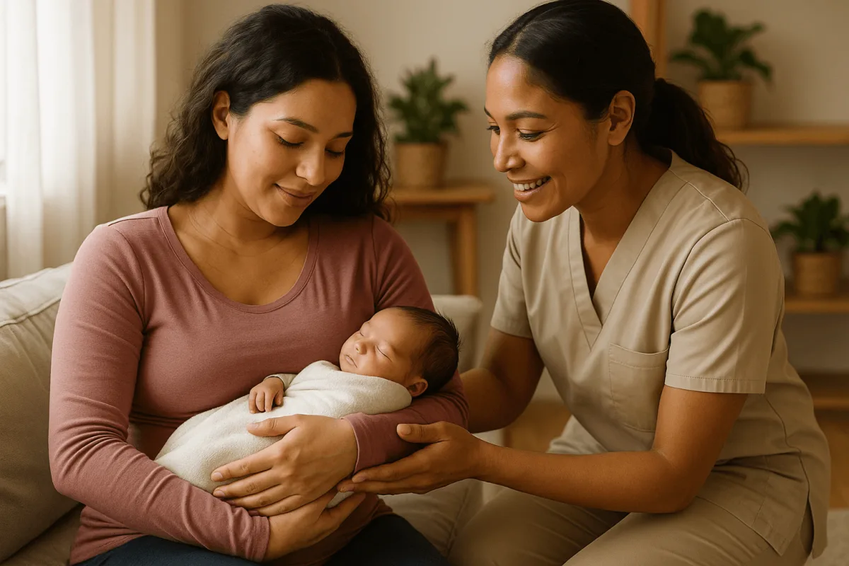 kraamverzorgende helpt moeder met pasgeboren baby thuis