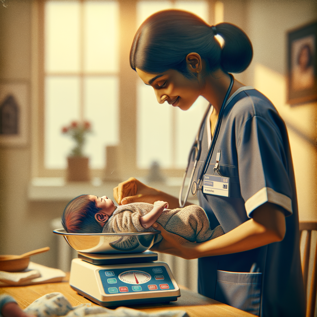 kraamverzorgende weegt pasgeboren baby op weegschaal thuis