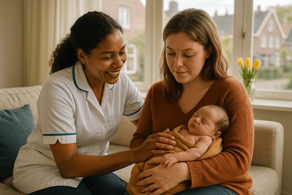 kraamverzorgster helpt moeder met pasgeboren baby thuis in Nederland