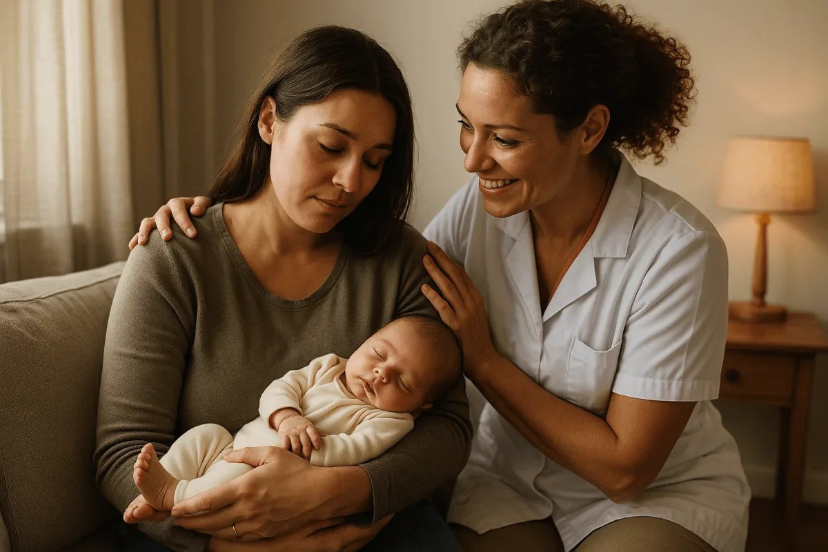 kraamverzorgster helpt nieuwe moeder met pasgeboren baby thuis