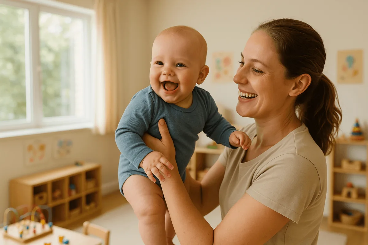 leidster houdt lachende baby vast in lichte opvangruimte