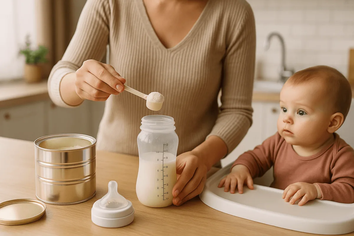 mama bereidt flesvoeding opvolgmelk voor baby in keuken