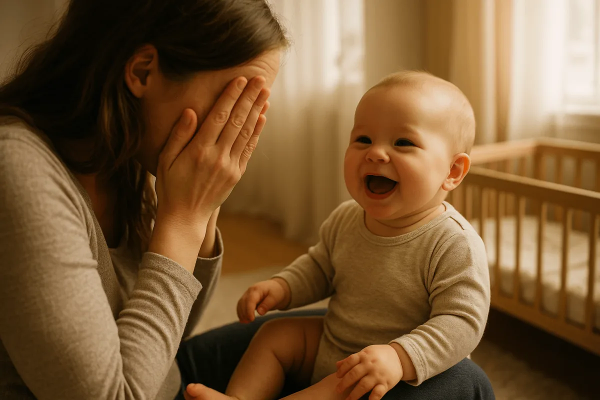 mama speelt kiekeboe met lachende baby op schoot