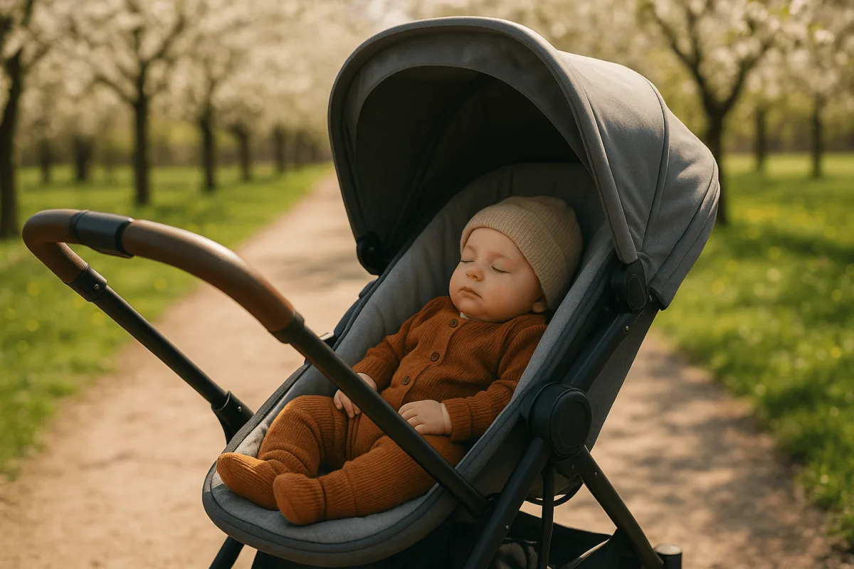 moderne kinderwagen in lenteparkje met baby erin