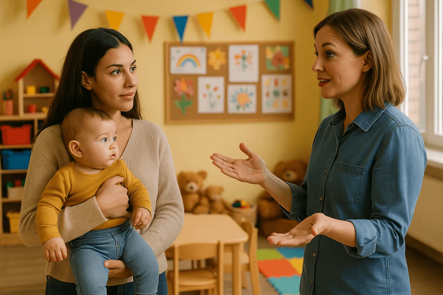 moeder met baby op arm bezoekt kinderdagverblijf tijdens rondleiding