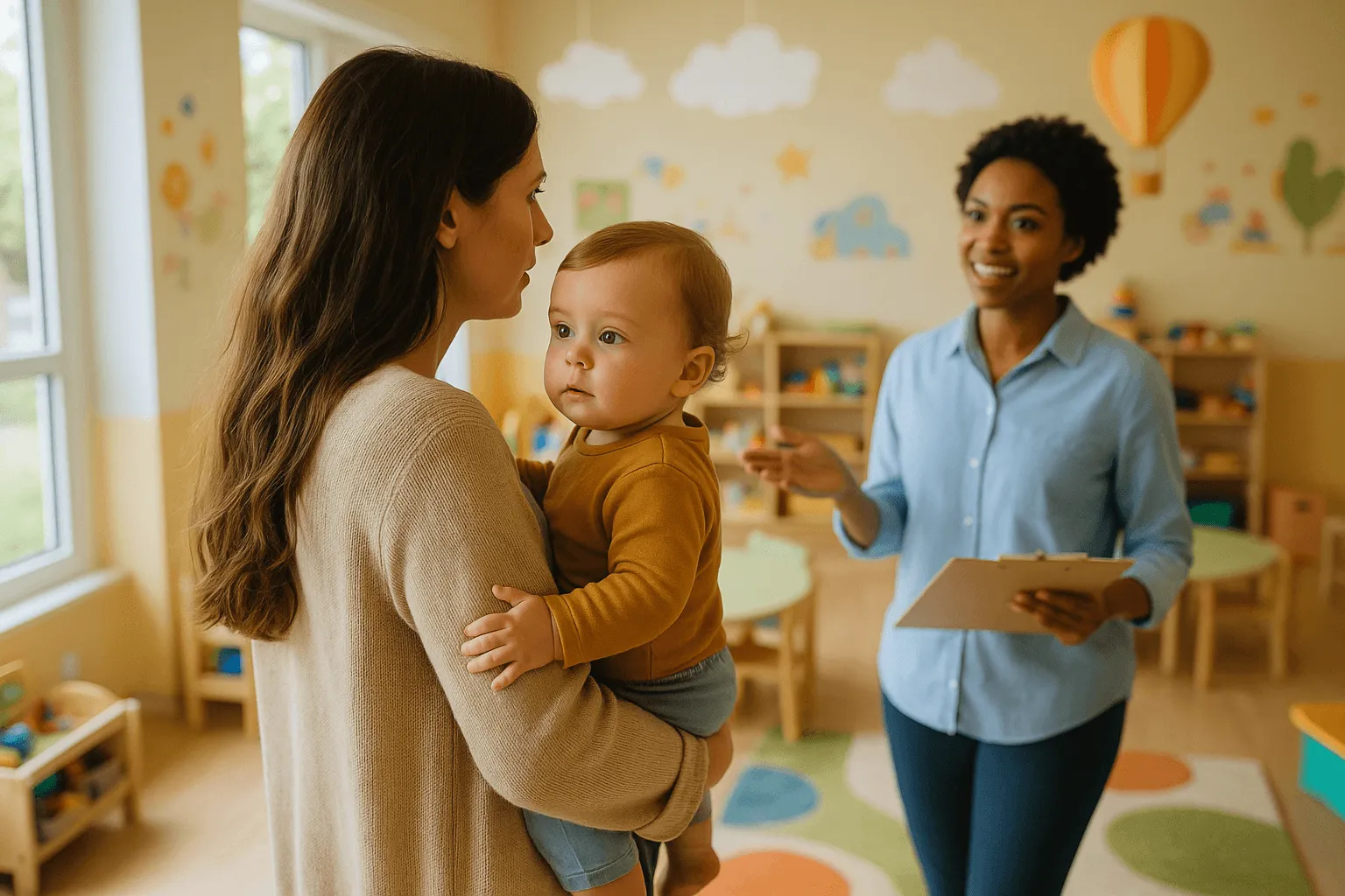moeder met baby op arm die een kinderdagverblijf kiezen rondleiding volgt