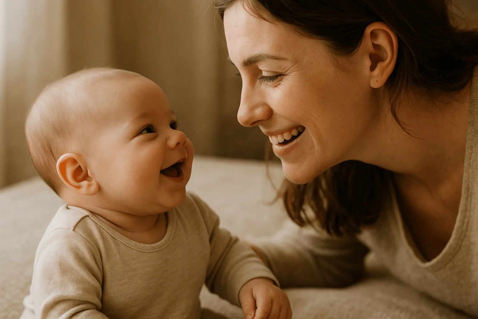 moeder en baby kijken elkaar aan tijdens sociale glimlach