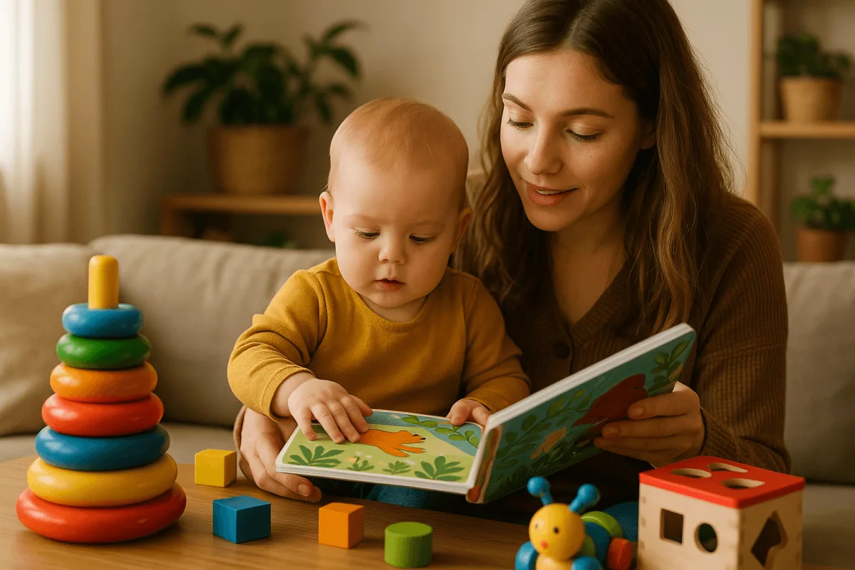moeder en baby lezen prentenboek samen speelgoed taalstimulering