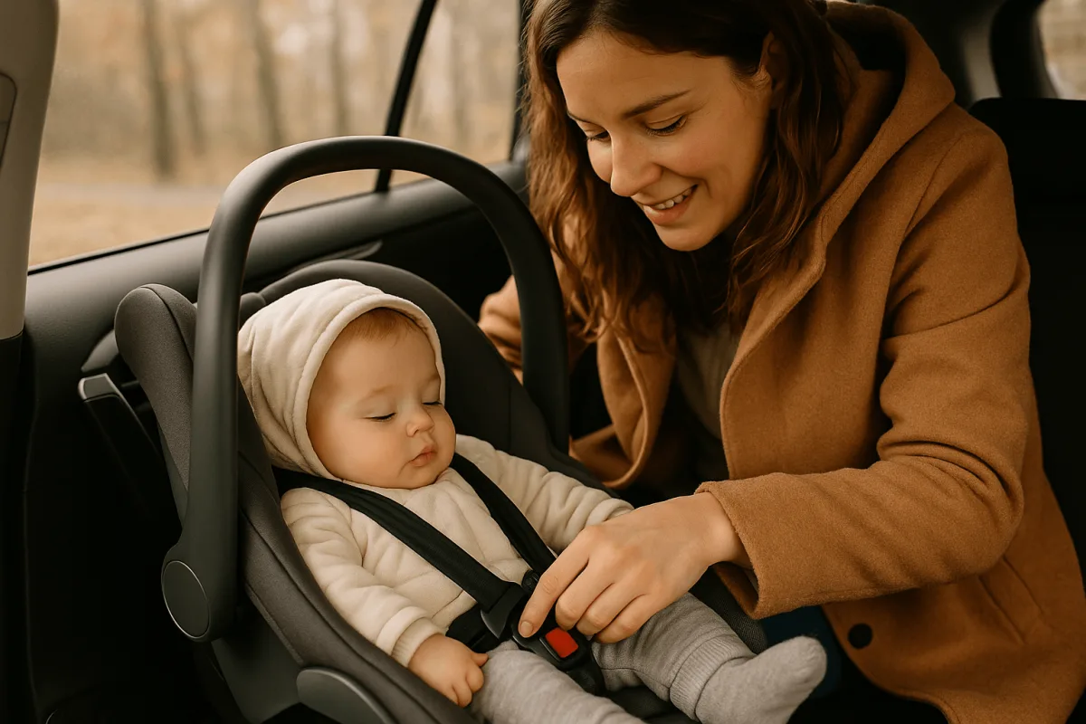 moeder doet baby in autostoeltje zonder dikke winterjas