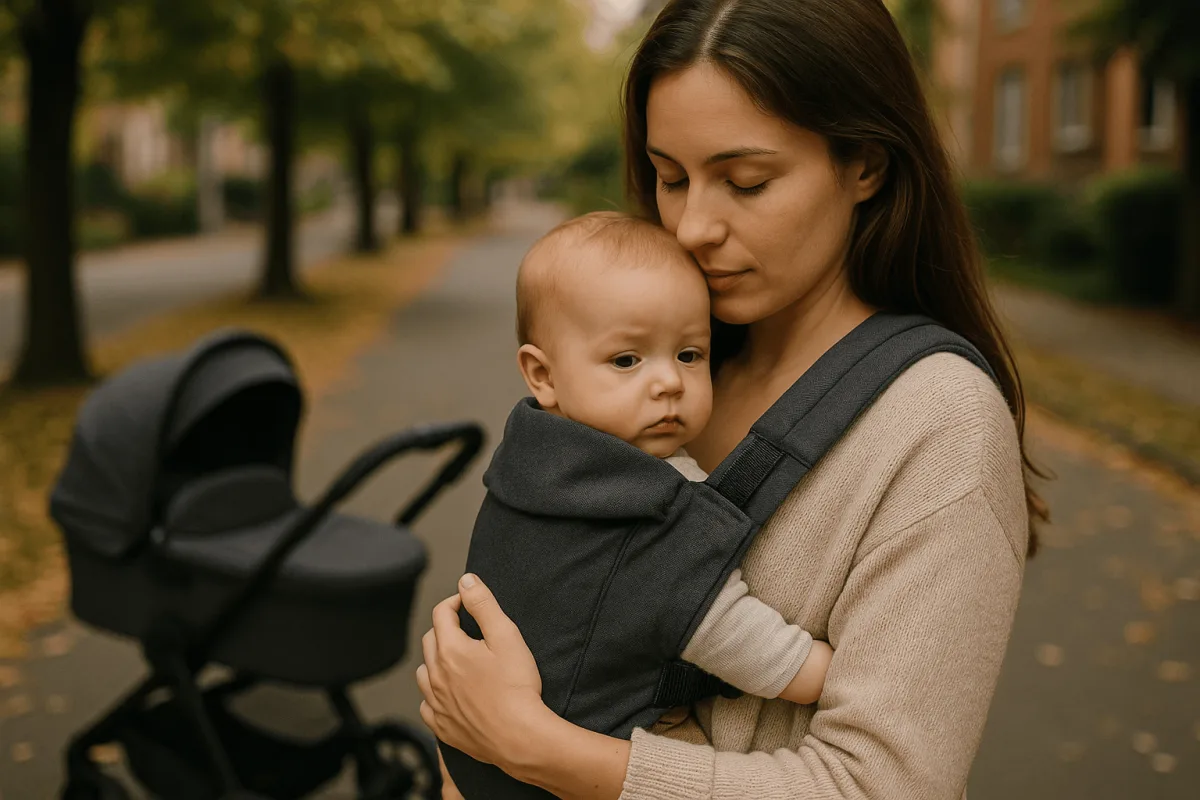 moeder draagt baby in draagzak als alternatief voor kinderwagen