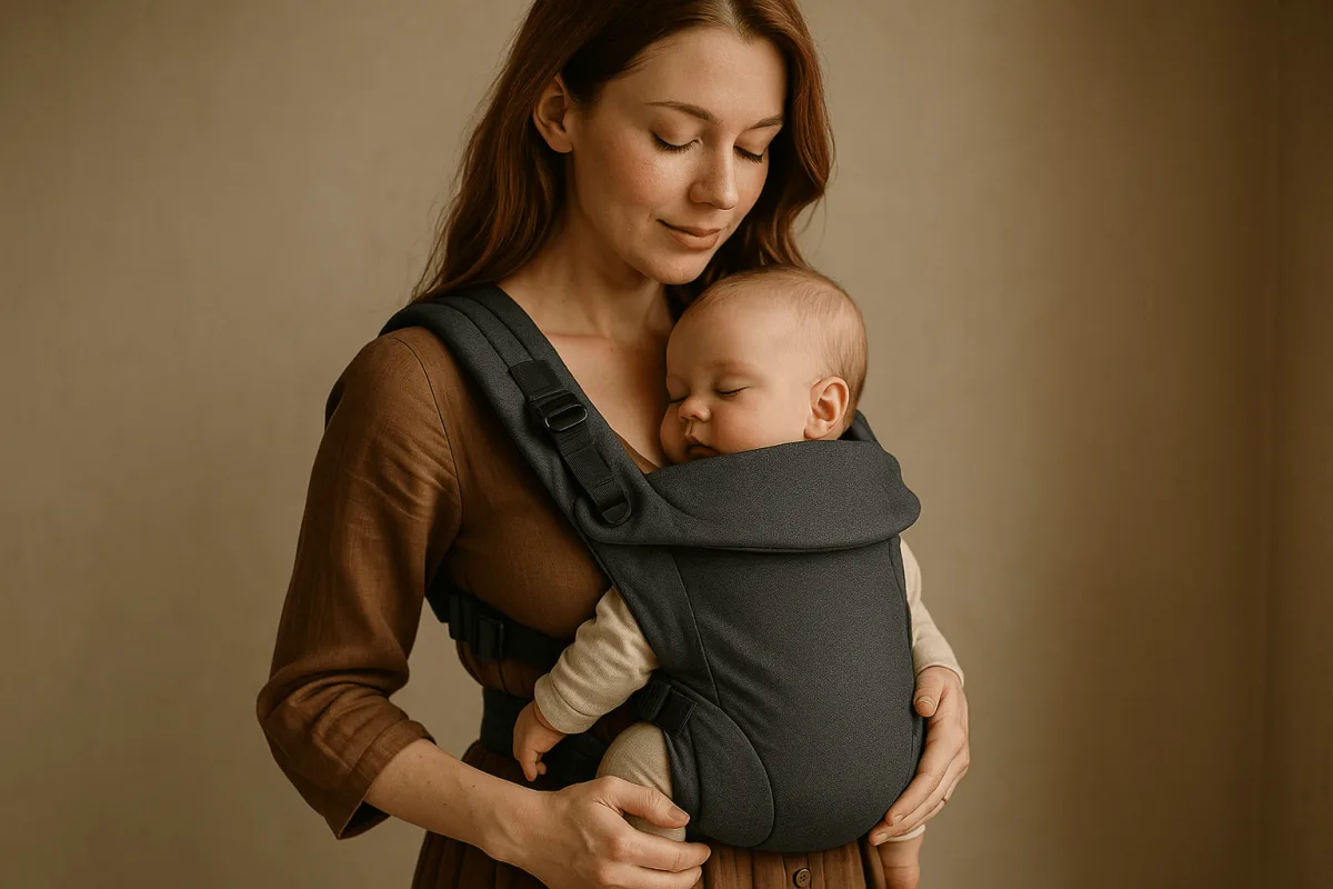 moeder draagt baby in ergonomische draagzak, passende draagzak lichaam stijl