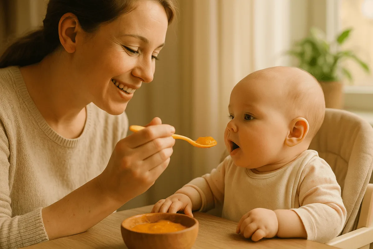 moeder geeft baby eerste hapje vaste voeding lepeltje