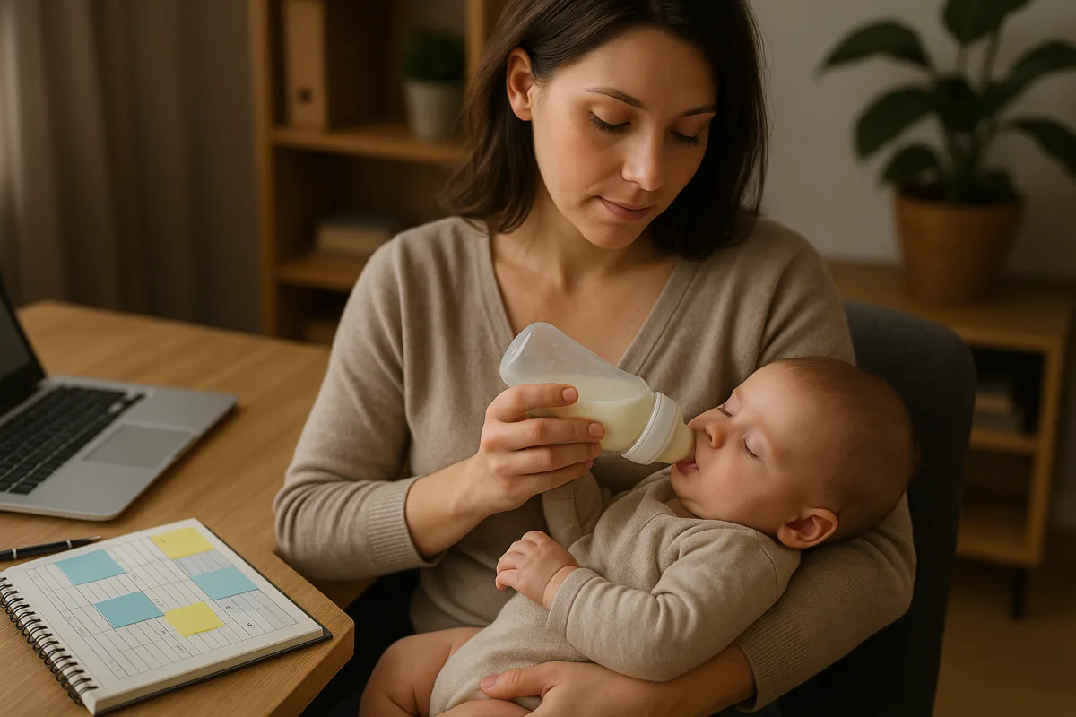 moeder geeft baby flesje melk als voorbereiding op werkhervatting