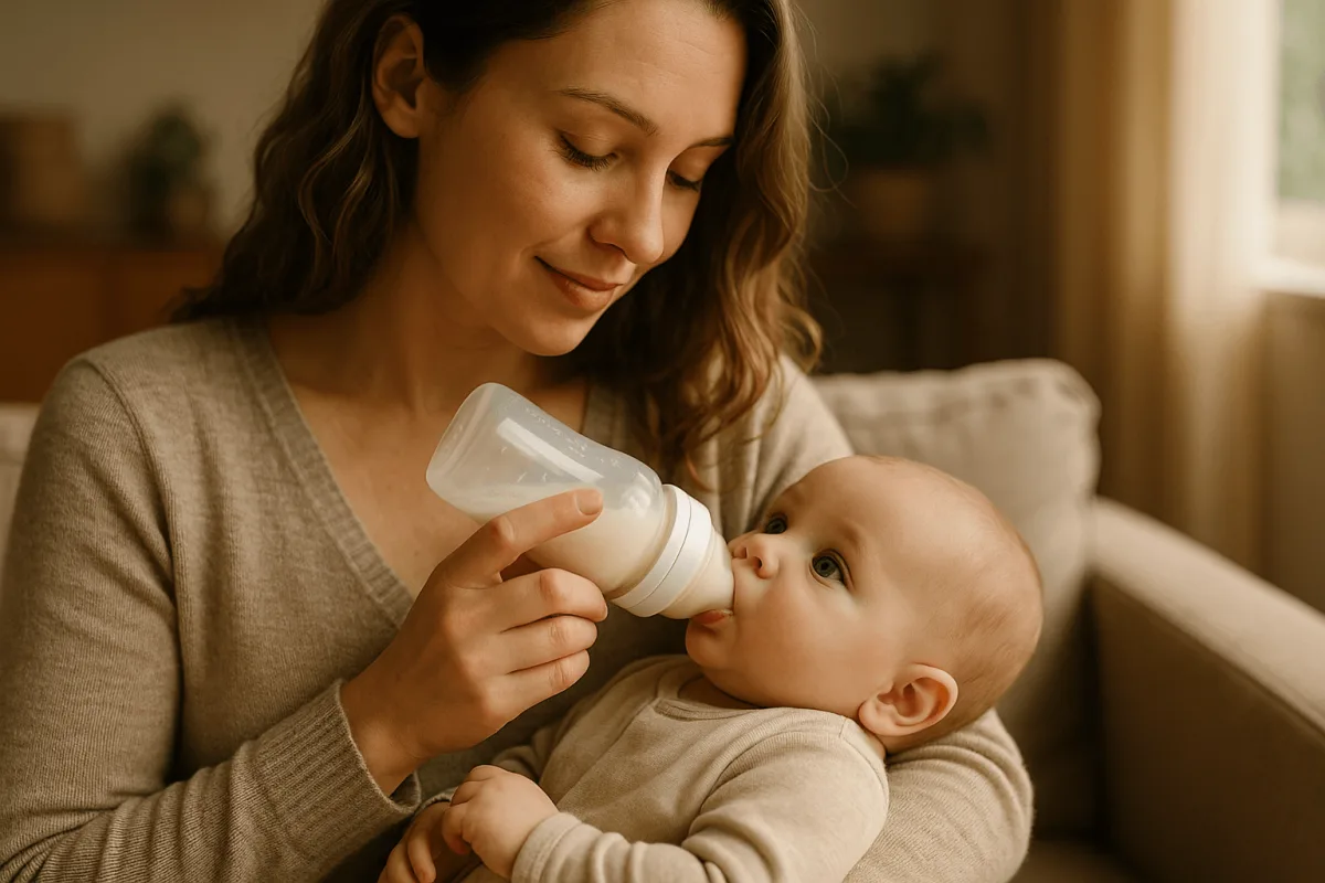 moeder geeft flesvoeding aan baby van zes maanden