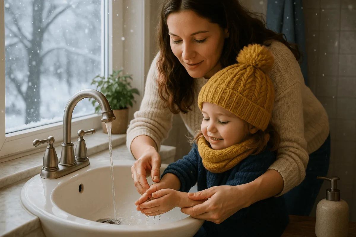 moeder helpt kind met handen wassen winterziekte kinderen voorkomen