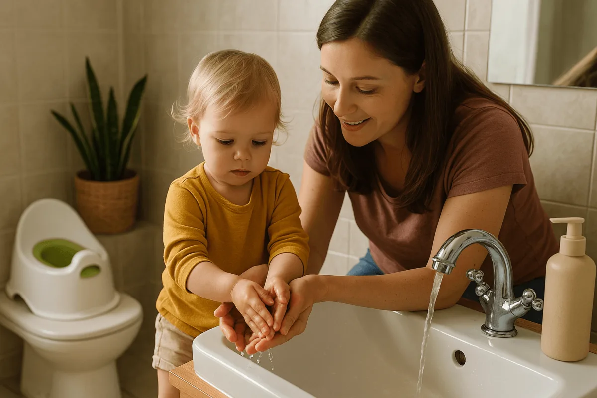 moeder helpt peuter handen wassen na toiletbezoek