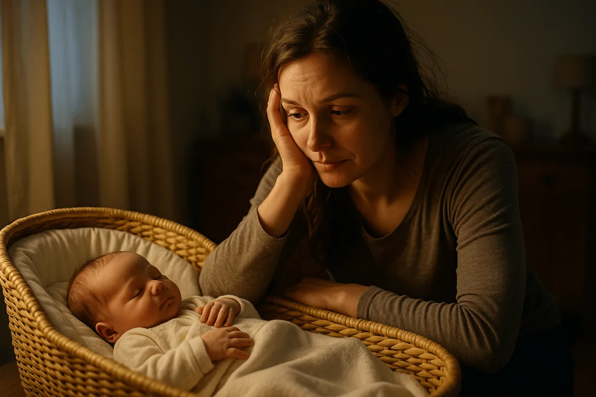 moeder kijkt vermoeid maar liefdevol naar pasgeboren baby in wieg