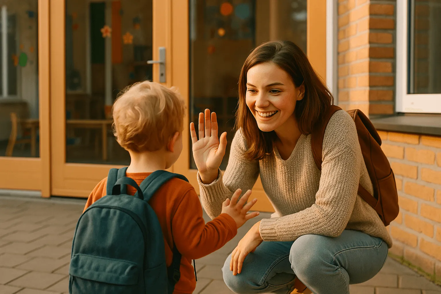 moeder die kind gedag zwaait bij ingang kinderdagverblijf ochtend
