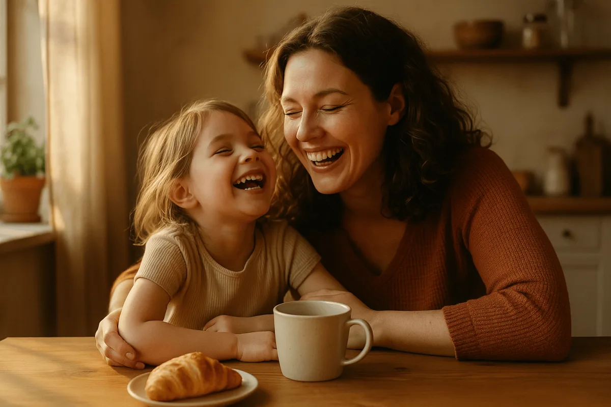 moeder en kind samen lachend aan keukentafel, warm en ontspannen sfeer