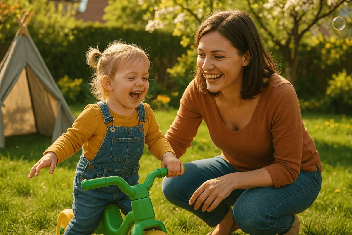 moeder en kleuter buitenspelen tuin zonnige meivakantie dag