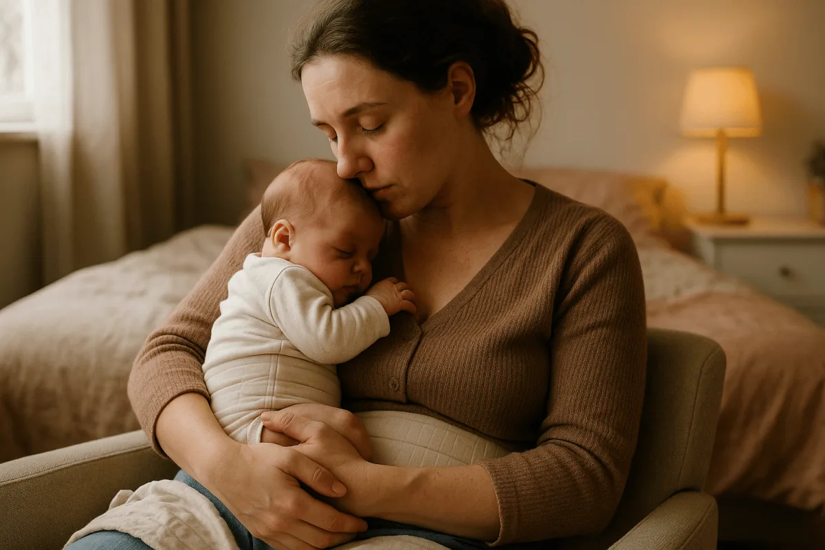 moeder knuffelt baby op schoot tijdens kraamtijd herstelperiode thuis