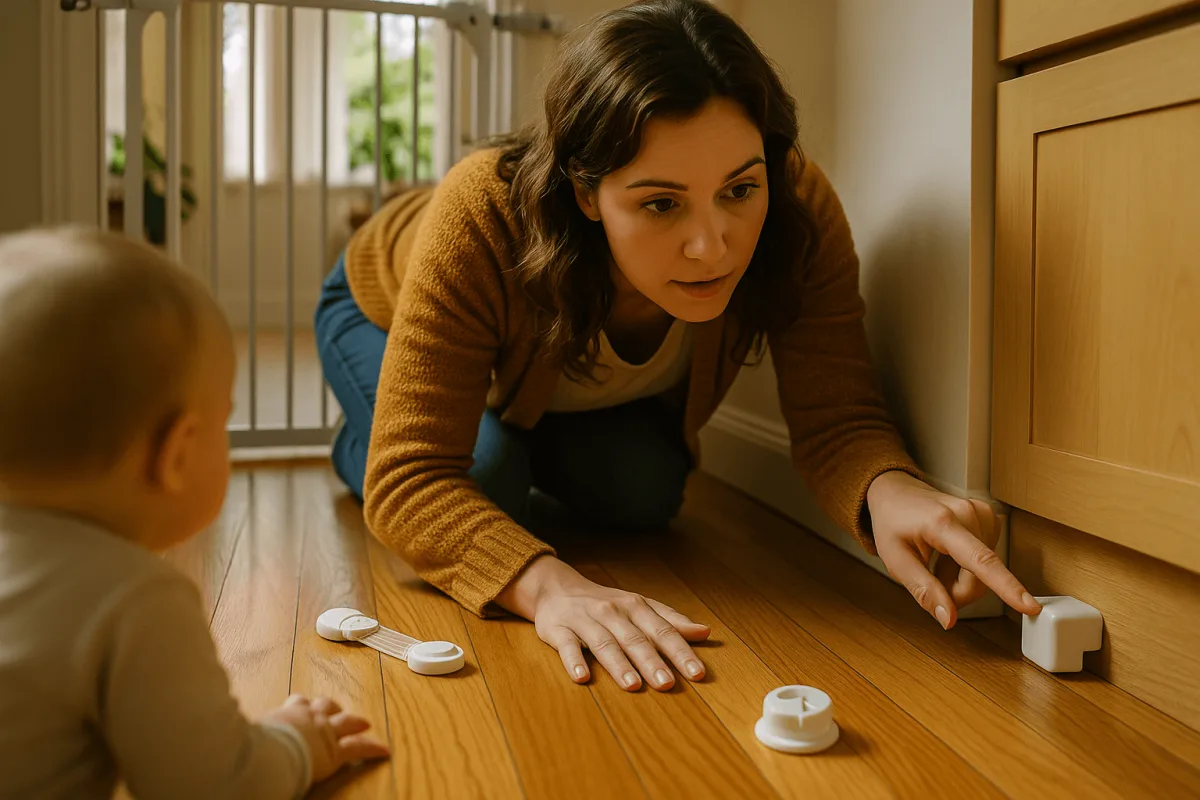 moeder kruipt op vloer babyperspectief huis beveiligingscheck